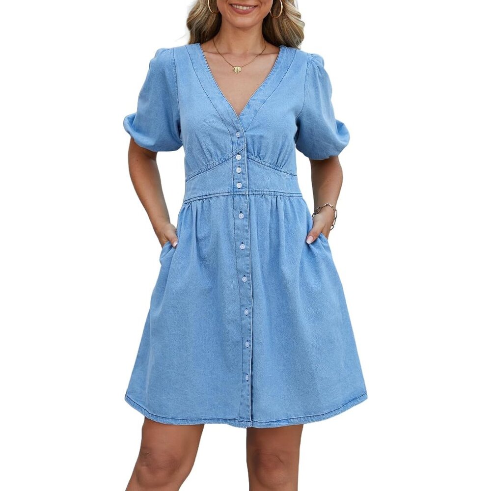 Denim Dress Women A-Line Puff Short Sleeve V Neck Casual Summer